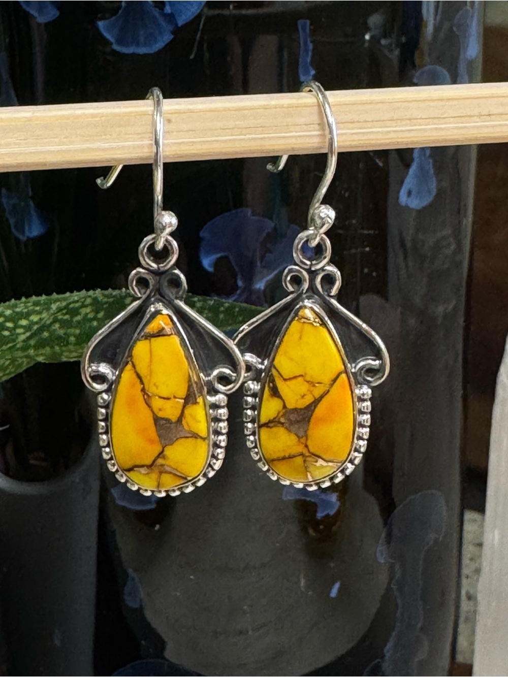 Honey Dahlia Kingman Stone Sterling Silver Tear Drop Dangle Earrings
